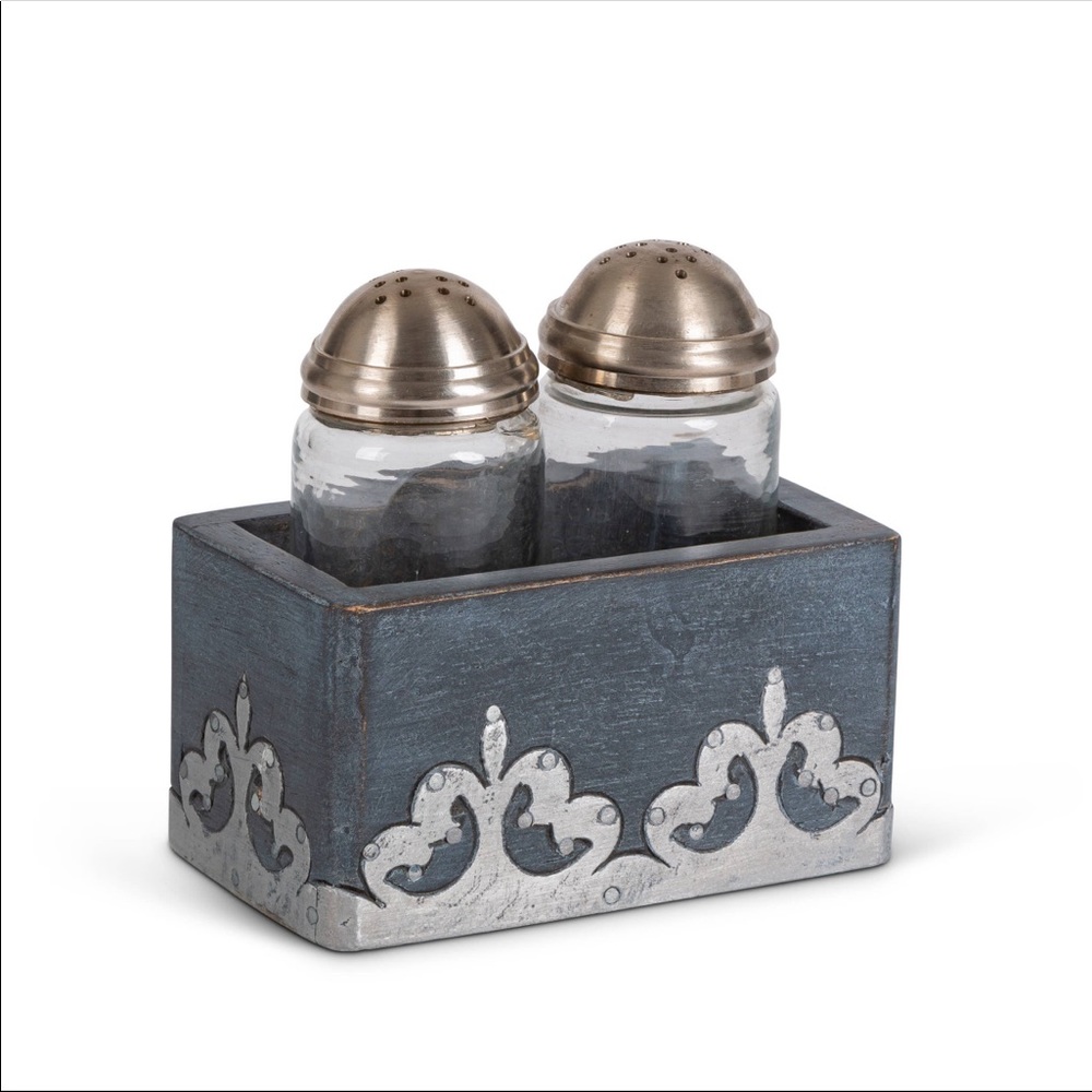 GG collection blackwash mango wood metal inlay salt and pepper caddy